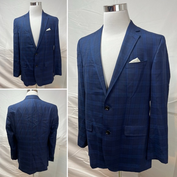 Ted Baker Men’s 44L Blue Plaid Wool Jay SPJ Blazer Jacket - Picture 4 of 8